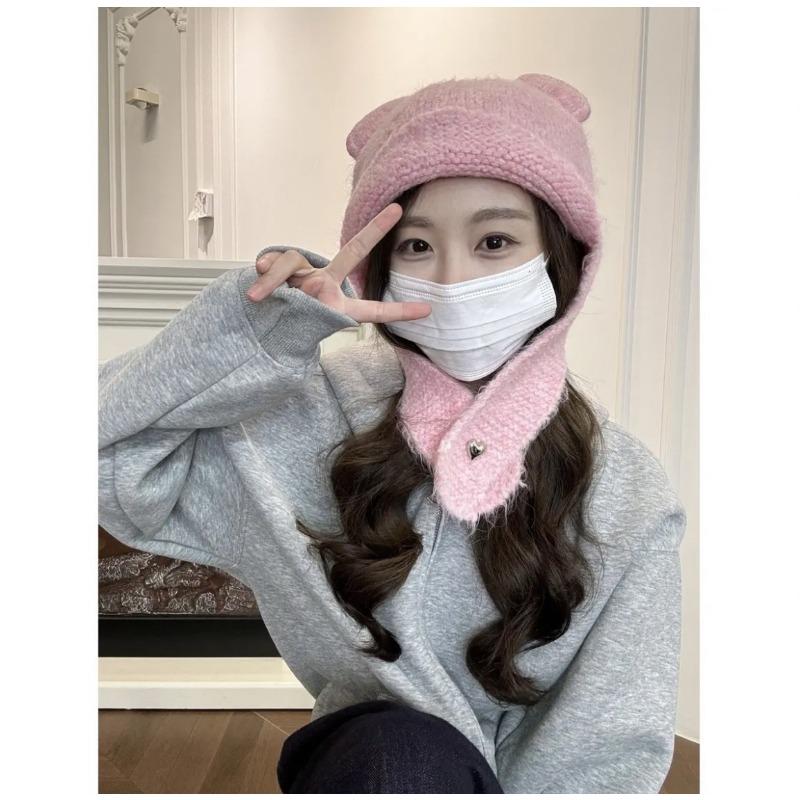 

Новая вязаная шапка с мишкой, модный ленивый стиль, милые медвежьи ушки, универсальная шерстяная защита ушей, головной убор, осенне-зимняя шапка для женщин Elastic [54-60cm] розовый