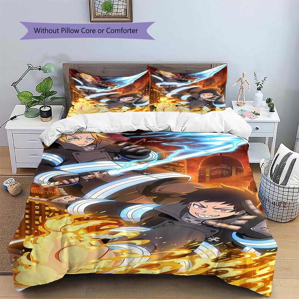 Fire Force  Pattern Bedding,Quilt Set Quilt Cover Pillowcase Home Birthday Gift (1 * Duvet Cover + 2 * Pillowcase, Without Core)