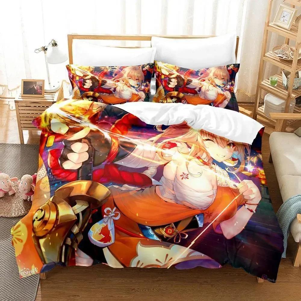 Game Yoimiya Genshin Impact Bedding Set Cartoon Anime Three-piece Set Adult Kid Bedroom Duvet Cover Sets 3D Kawaii Girls