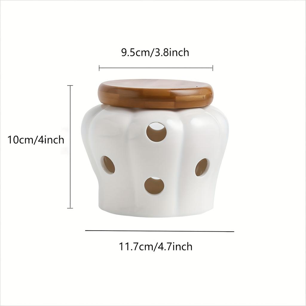 1pc Ceramic Garlic Keeper With Bamboo Lid, Hollow Design Jar, Ventilated Kitchen Storage And Decor, Ceramic Garlic Container