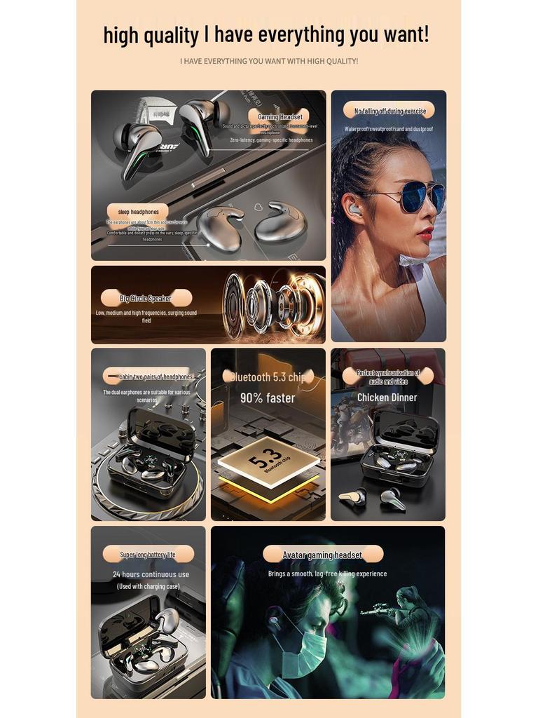 New Style Wireless Bluetooth Earbuds: Long Battery, In-ear Noise Cancelling, Gaming & Sleep