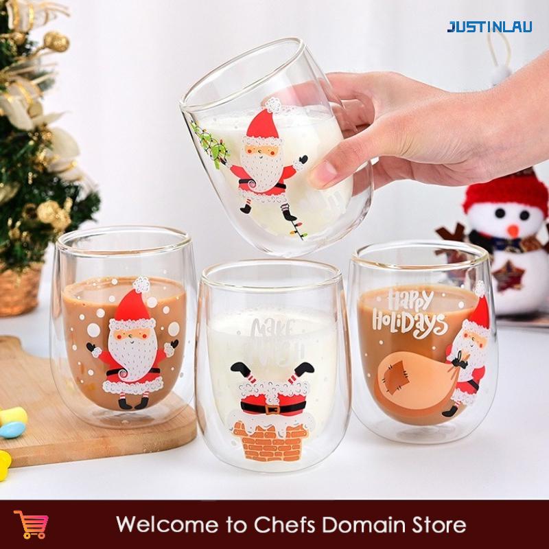 JUSTINLAU Christmas Double Wall Glass Cups Santa Claus Pattern Heat-resistant Water Cup Home Milk Coffee Mug Xmas Gift Drinkware