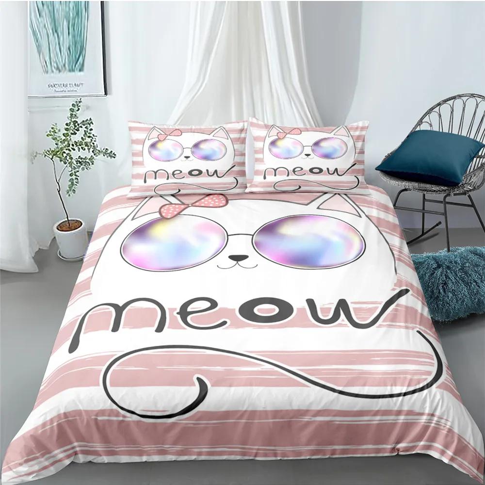 Carton Cat Soft Duvet Cover Set for Children Kids Girl Microfiber Kiten 2/3pcs Carton Animal Beding Set Single Twin Quen King Comfortable Quilt Cover