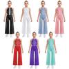 Girls Wide Leg Dance Jumpsuit Sleeveless Keyhole Back Side Splits Shimmery Rhinestones Bodysuit Built In Briefs
