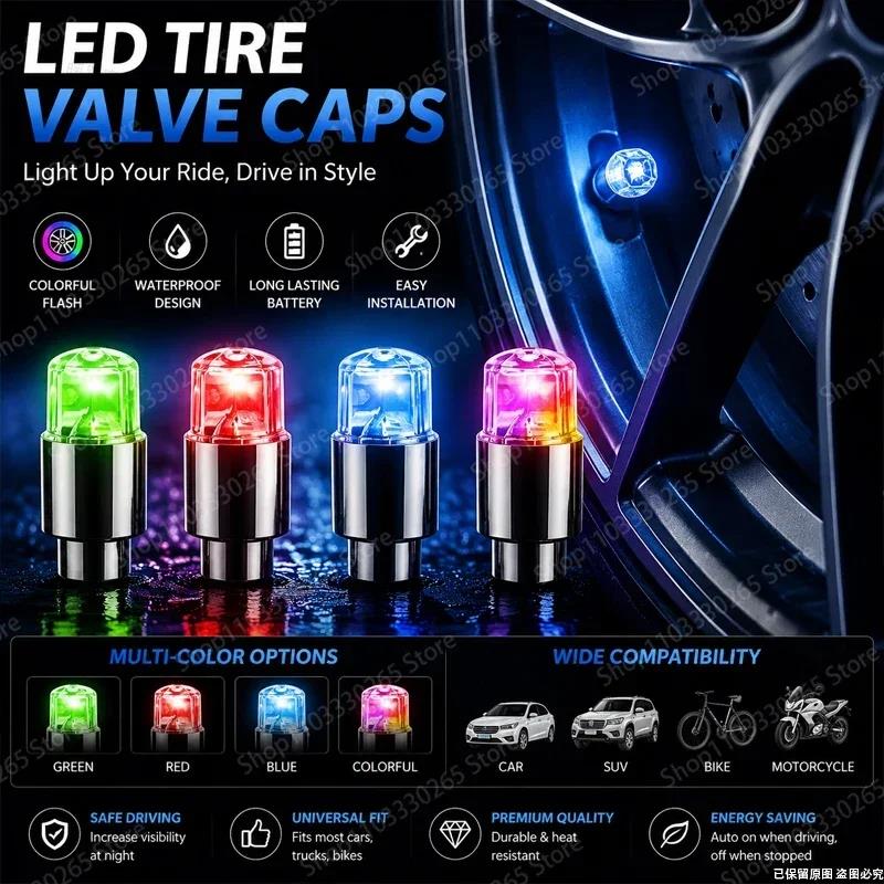 LED Tire Lights Cap Car Tire Valve Cap Lights Multi-Color Flash Durable For Car Moto Bicycles Electric Vehicles Tire Valve Cap Valve Stems 1