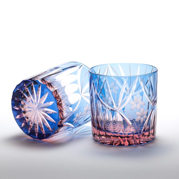 Glass Studio Saiho Edo Kiriko Shochu Glass, Rocks Glass, Tumbler Glass, Mini Vintage Flower Basket Design, Blue-Pink, Made in Japan, Gift Wrapping