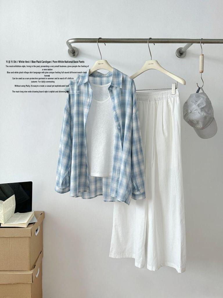 Plus Size Korean Blue Plaid Shirt & Vest Wide-Leg Pants Set for Women