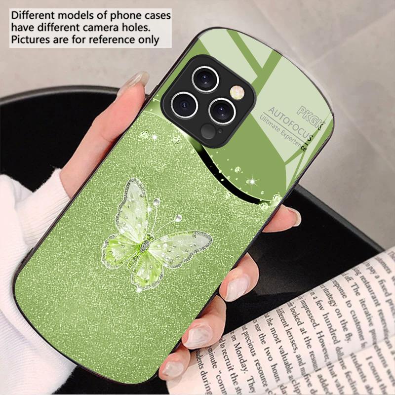Gradient Diamond Butterfly For IPhone 16 Pro Max 16e 15 Pro 14 13 12 Mini 11 XS Max XR 7 8 Plu SE 22 Elliptical glass phone case