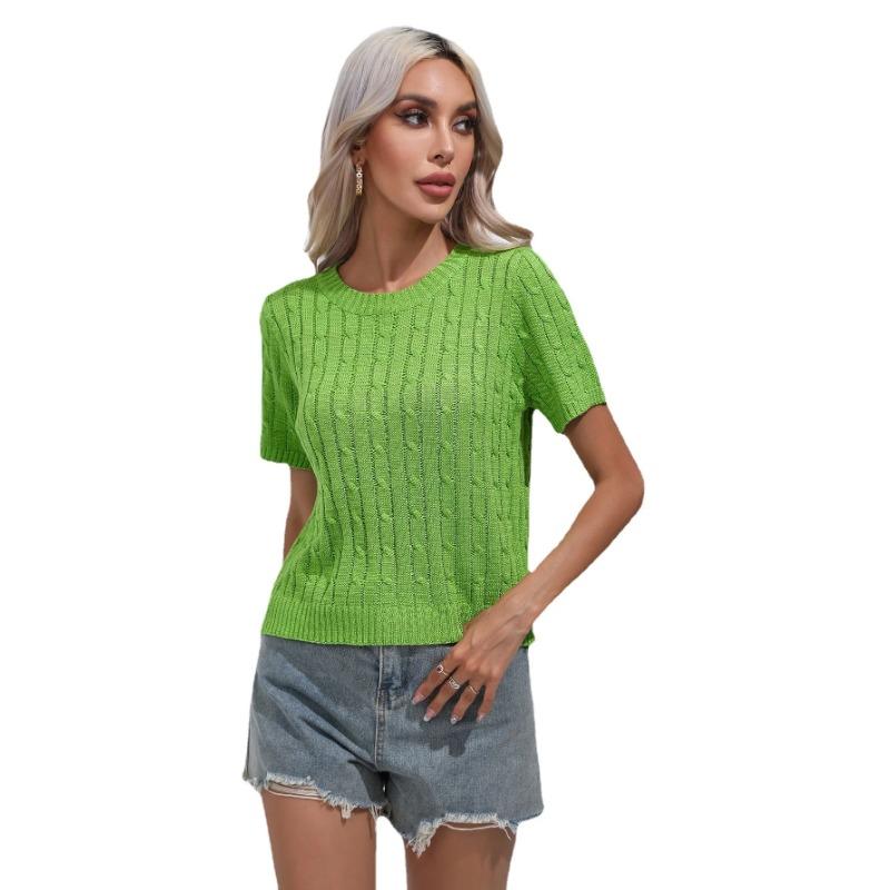 Women Solid Knitted Short Sleeve T-shirt O Neck Short Sleeve Casual Slim Green Female Pullover Fall Tees Tops Autumn T Shirt New