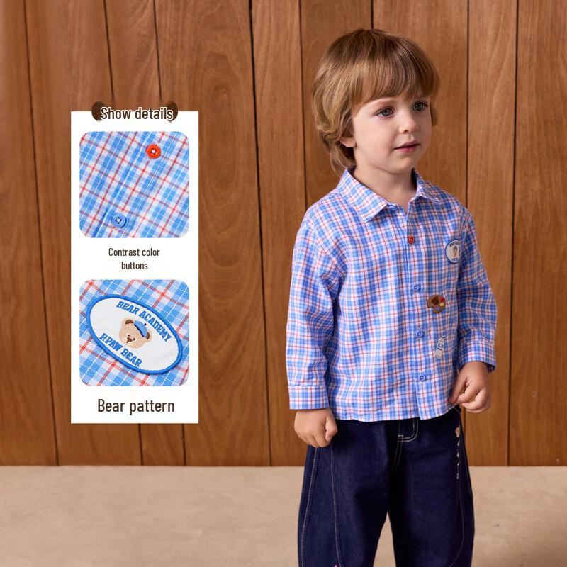 PawinPaw Kids' Cartoon Bear Plaid Long Sleeve Shirt