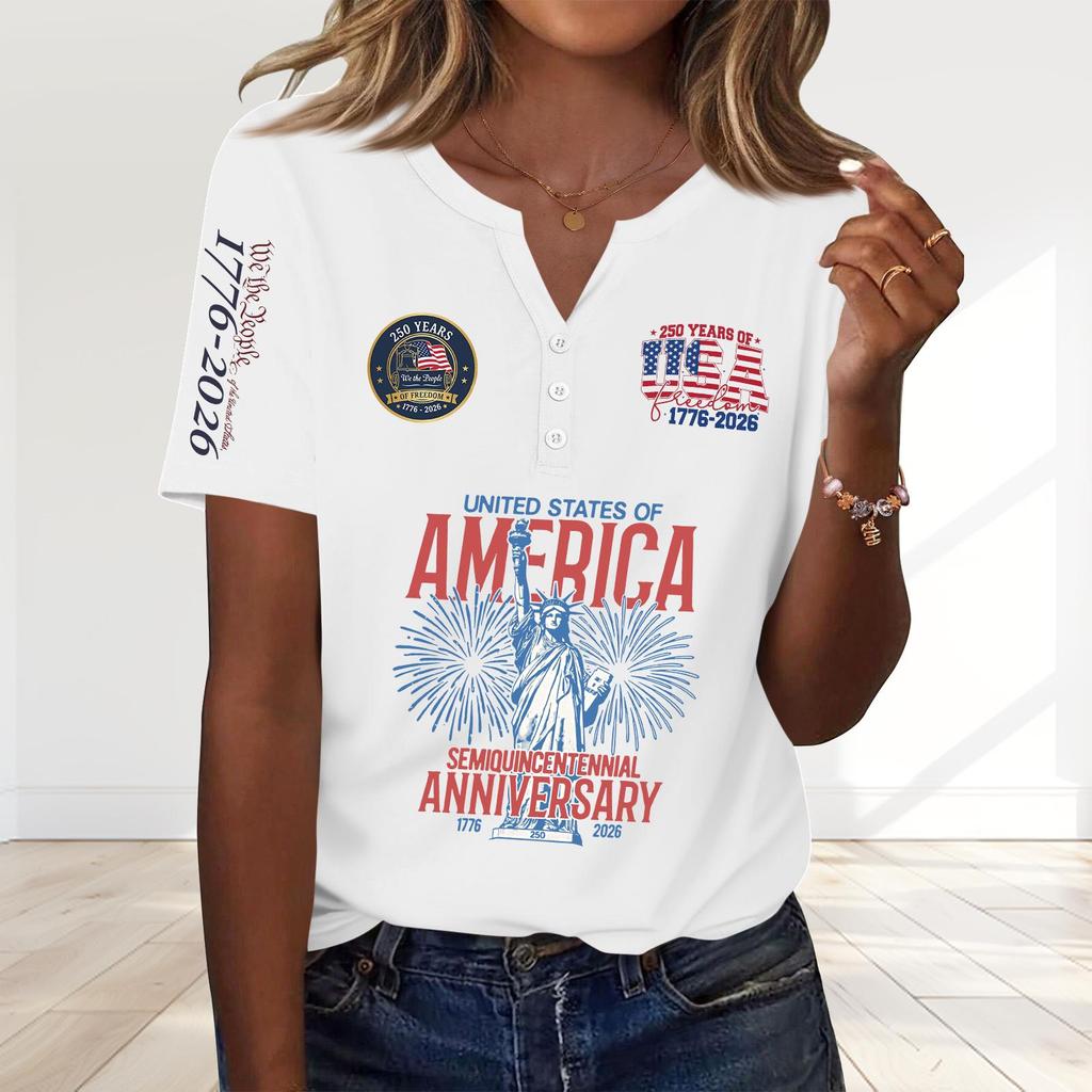 Women's Fashion Casual 250th Anniversary Independence Day Print V-Neck Short Sleeve Decorated Button-Up T-Shirt