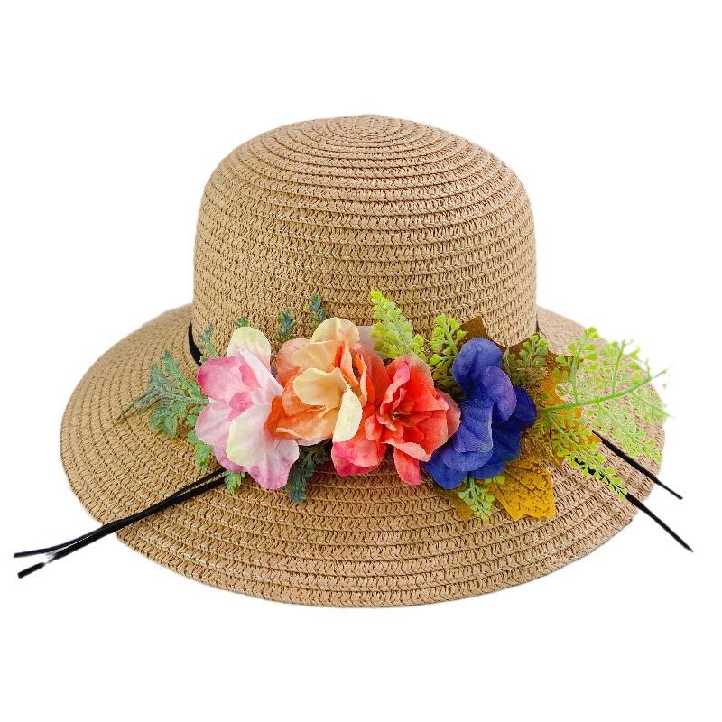 Pastoral flowers straw hat women summer sunscreen sunshade bucket hat travel seaside beach basin hat foldable