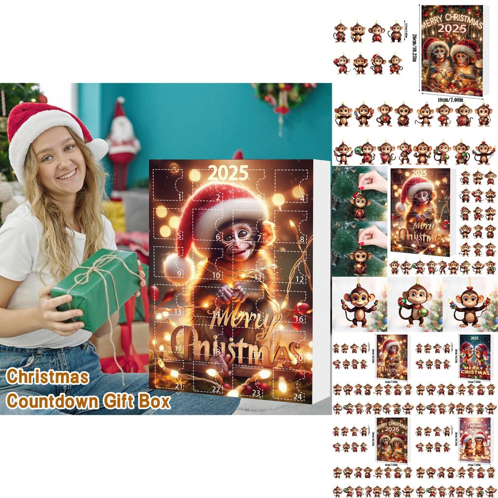 Christmas Advent Calendar With 24 Acrylic Monkey Ornaments For Kids And Family Holiday Decor