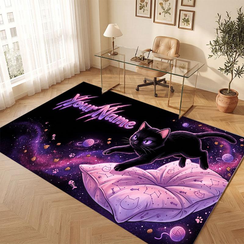 Cat Theme Crystal Velvet Floor Rug Personalized Custom Name Text Warm Carpet Home Decoration