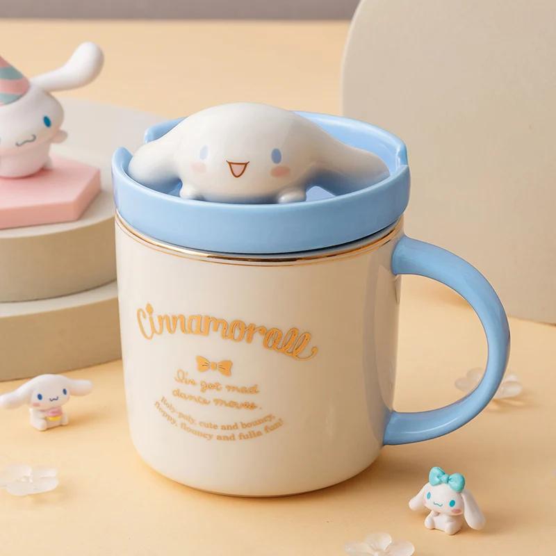 For Sanrio Hello Kitty Cinnamoroll Melody Ceramic Mug Water Cup with 3D Doll Lid Kids Home Breakfast Milk Juice Mug Coffee Cup