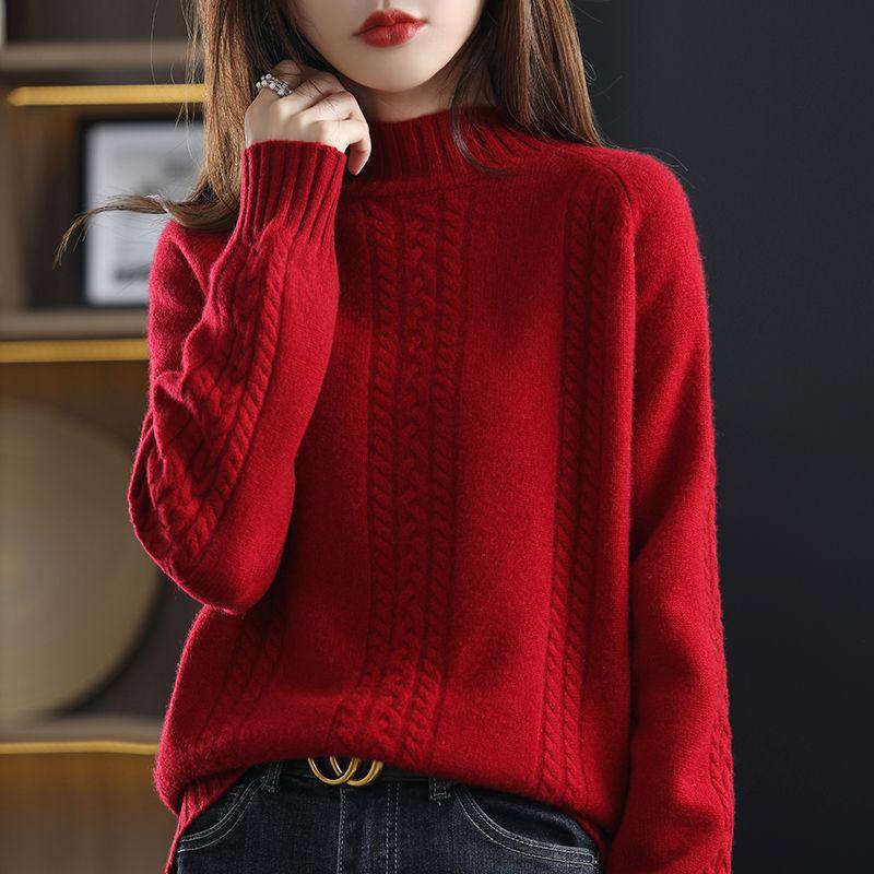 Women's Thick Cable Knit Pullover - Half-High Neck Sweater for Autumn & Winter