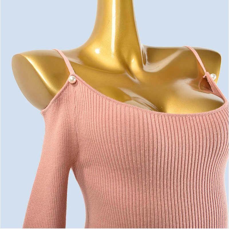 Autumn New Sexy off-Shoulder Slim-Fit Figure Flattering Knitting Dress Women's Long Sleeve Base Narrow Sweater Skirt