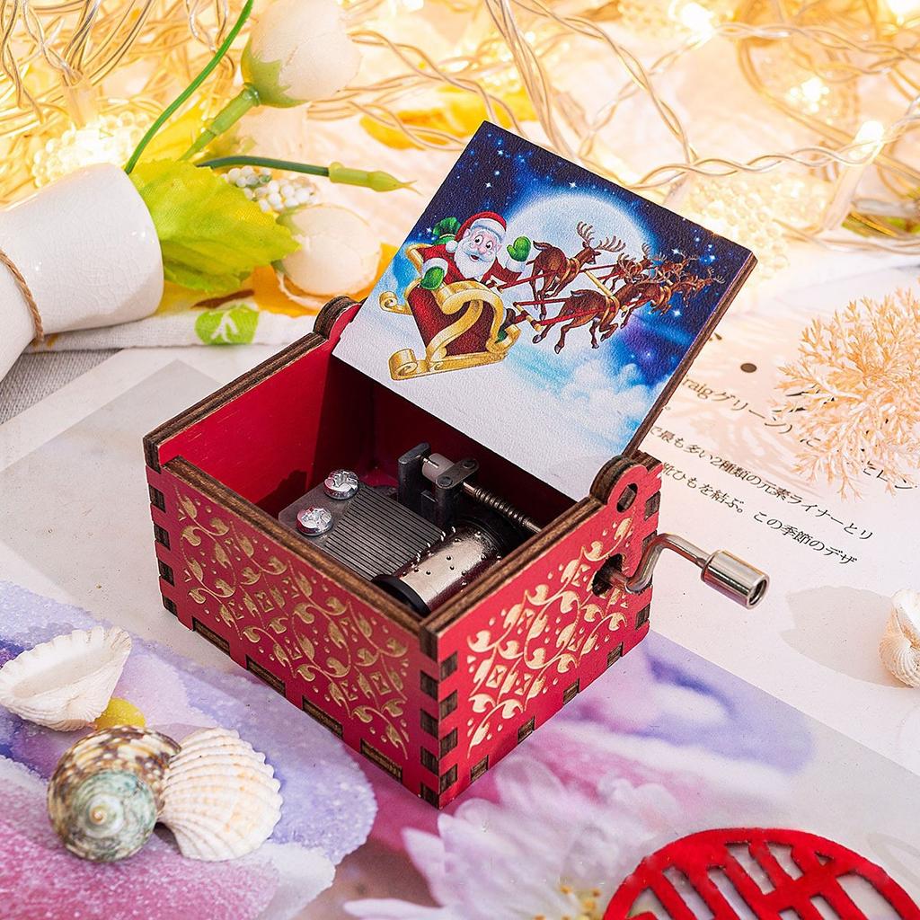 Hand Cranked Wooden Music Box Merry Christmas Music Box Christmas Office Home Decoration Ornaments Gifts Birthday Present