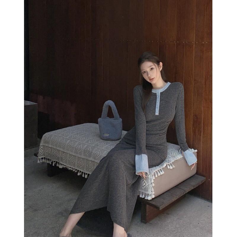 Korean Style Strikes, Contrasting Colors, Semi-open Neck Knitted Dress, Design Sense, Niche Temperament, Hip-wrapped Long Skirt Shows Personality