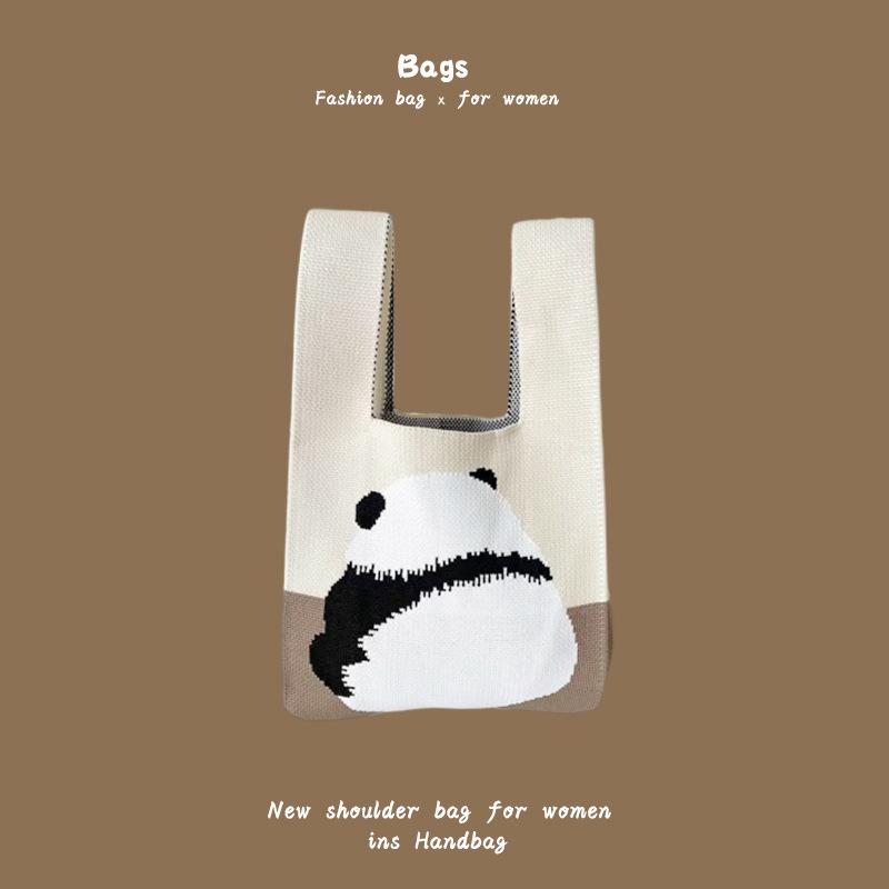 Ins Trendy Handbag Women'S Knitted Wool Bucket Bag Hand Carry Casual Tote Bag Box Lunch Bag