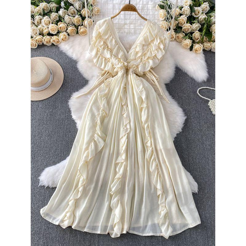 French style Temperament V-neck Short sleeve Dress Women Summer Drawstring Waist Hugging Slimming Heavy Industry Frill Princess Dress