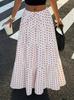 Qooth Polka Dot A-Line Maxi Skirt Ruffle Hem Tie-Waist Full Flare Skirt Vintage Summer Half Skirt for Women JM2609