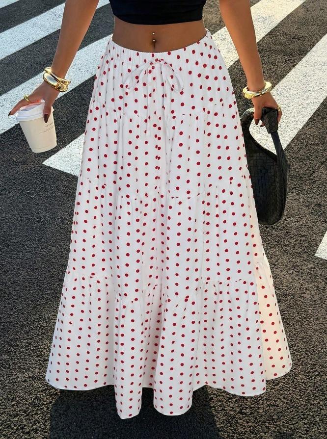 Qooth Polka Dot A-Line Maxi Skirt Ruffle Hem Tie-Waist Full Flare Skirt Vintage Summer Half Skirt for Women JM2609