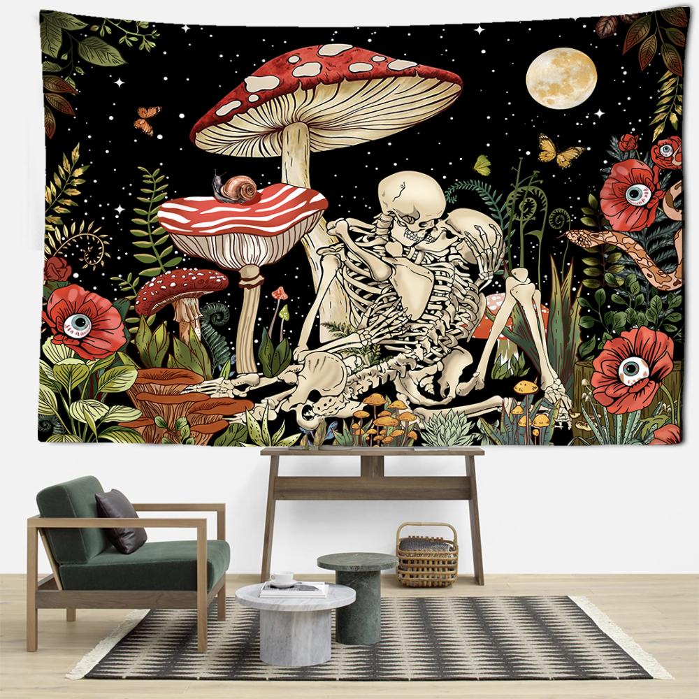 Skeletons And Mushrooms Tapestry Wall Hanging Psychedelic Witchcraft Aesthetics Room Hippie Tapiz Artist Home Decor