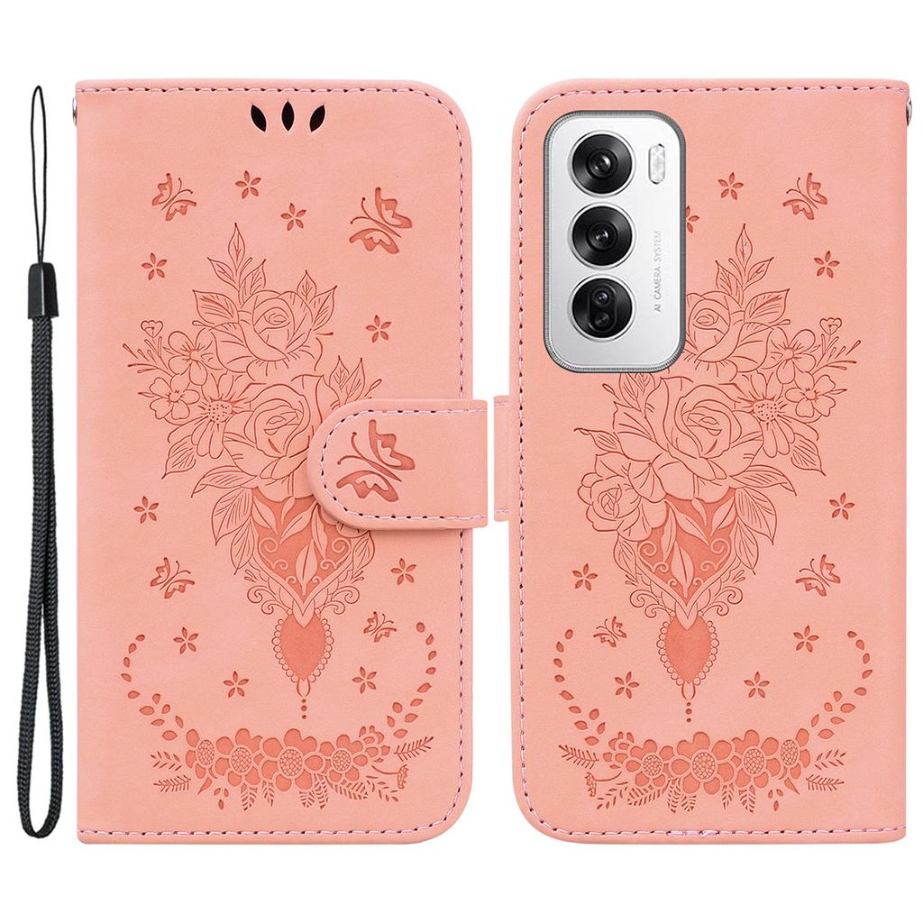 For Oppo Reno12 5G (Global) Wallet Phone Case Butterfly Flower Imprint PU Leather Cover