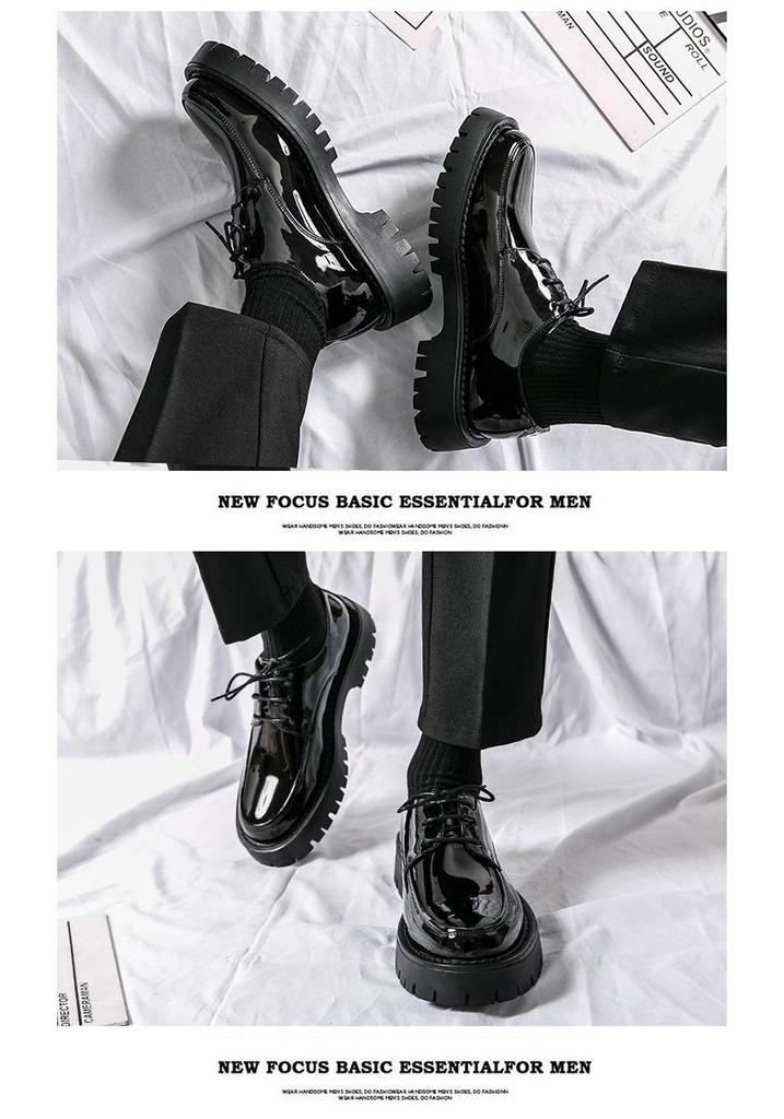 2025 Men's Chunky Glossy Leather Lace-up Casual Shoes with Thick Sole & Square Heel