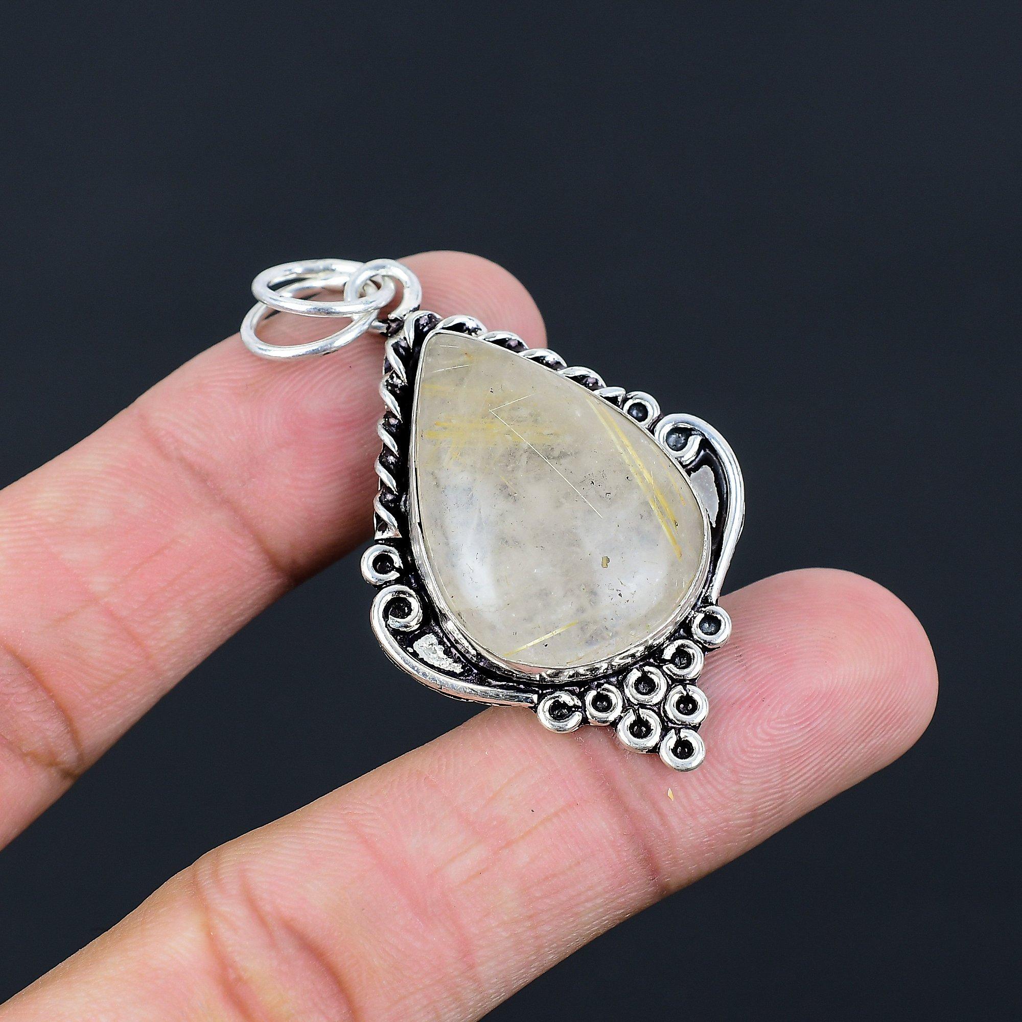 День Дочери Сделка Серебро 925 пробы Натуральный Золотистый Рутил Безель Бохо Подвеска Ювелирные Изделия