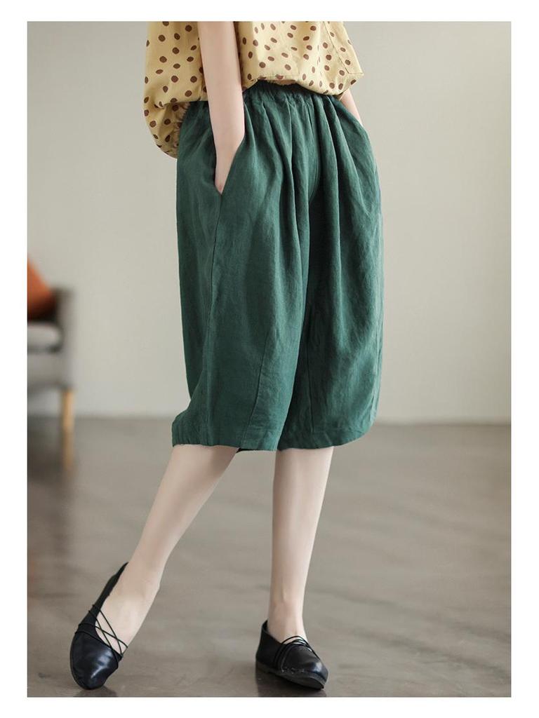 W magazynie: Damskie letnie spodnie retro z bawełny i lnu - Elastyczna talia, Design pięciopunktowy, Rozmiar plus, Styl casualowy