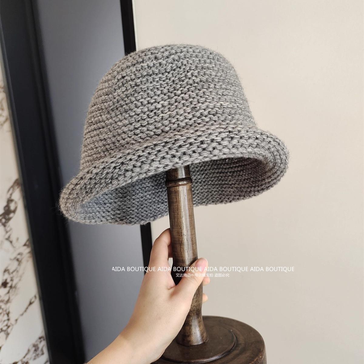 Korean version retro solid color wool hat women s warm and comfortable crimped knitted hat shows the face small thick wool bucket hat free size (52-58cm)