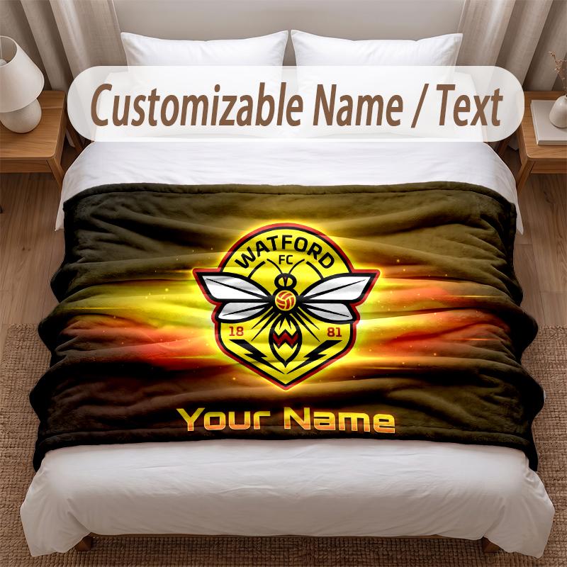 Watford FC Printed Flannel Blanket Custom Name Text Soft Warm Throw For Bedroom Holiday Gift