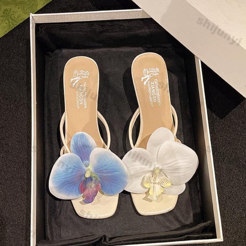 Women's Flowers High Heels Flip Flops Sandals Ladies 2025 Summer New Sandals Open-toed Square Thin Strap Sexy Slippers