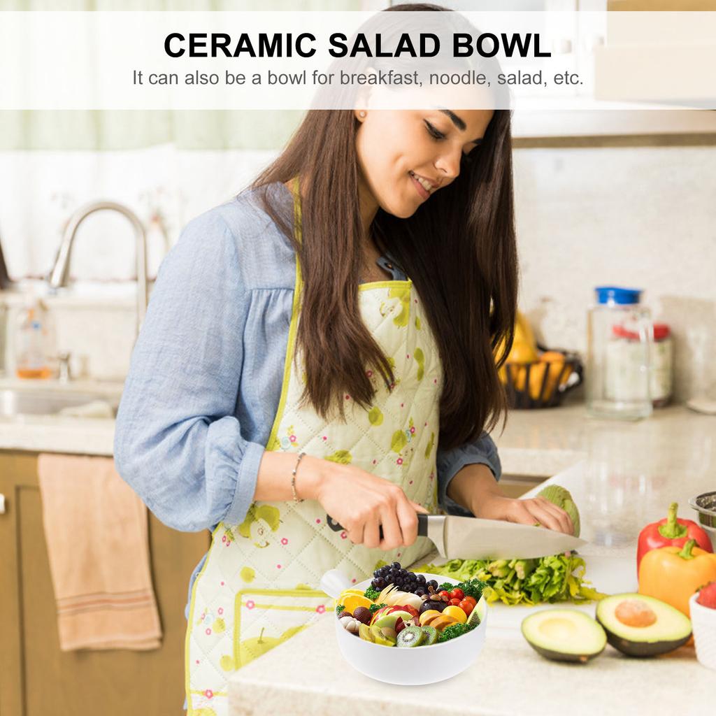 Ceramic Salad Bowl Green Cooking Pan Handle Ovenware Kitchen Noodle Bowl Breakfast Pot Small Milk Warming Household