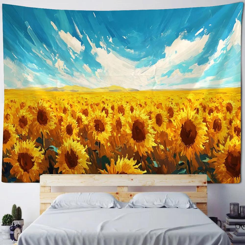 Sunflower Oil Painting Tapestry - Living Room Wall Hanging Art Music Party Background Aesthetic Home Decor
