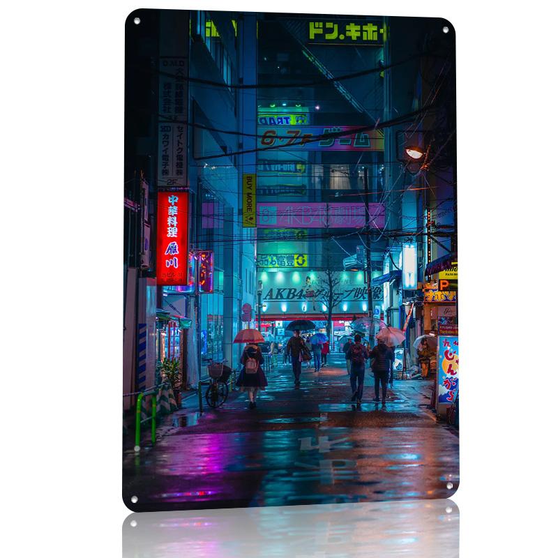 Akihabara By Night Personalized D Textured Metal Poster Wall Art Vintage Tin Signs for Bar Accessories Home Decor Ornaments