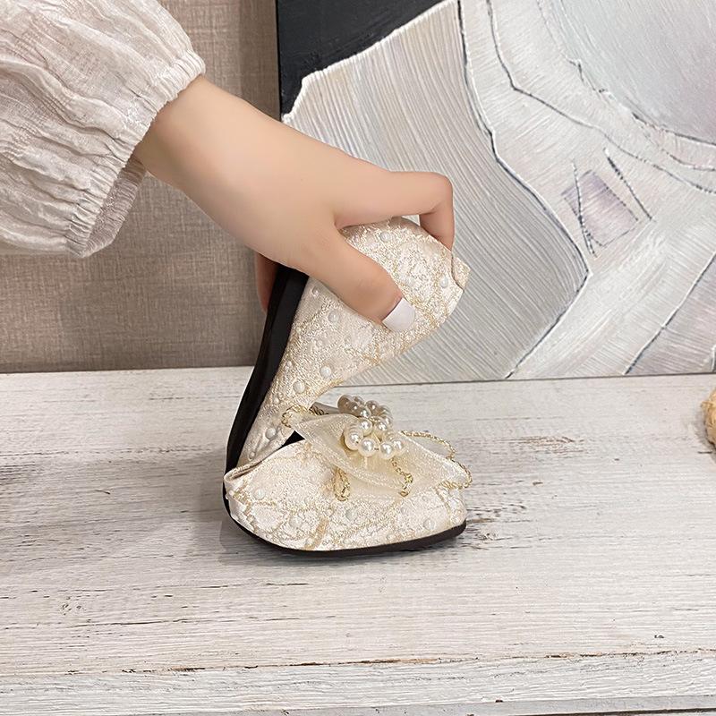 Fashion Pearl Bowtie Ballet Flats Women Sequines Cloth Slip On Loafers 34-43 Big Size Embroider Ballerina Shoes Woman Shallow Moccasins