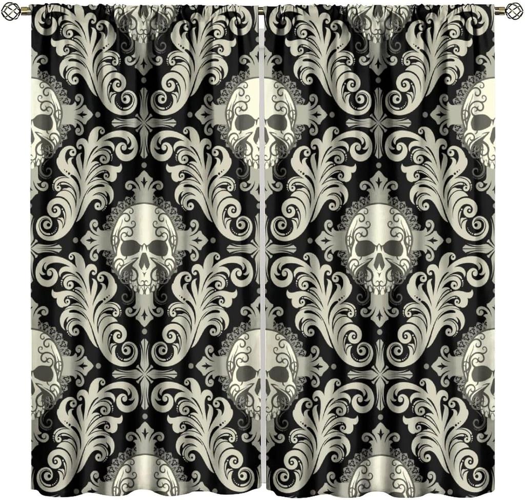 Gothic Black Damask Curtain Vintage Floral Exotic Suger Skull Window Treatments Bedroom Bone Skeleton Antique Bohemian Polyester Washable Ready