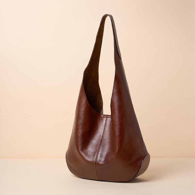 Cross-border Guangzhou First Layer Tree Paste Vegetable Tanned Cowhide Hobo Simple Large-capacity Tote Bag Premium Underarm Shoulder Bag