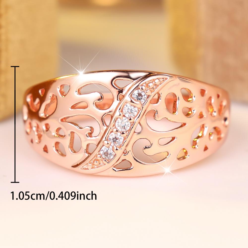 Rose Gold Color Hollow Out Leaf Pattern Zircon Ring for Women Fashion Jewelry Gift Party Wedding