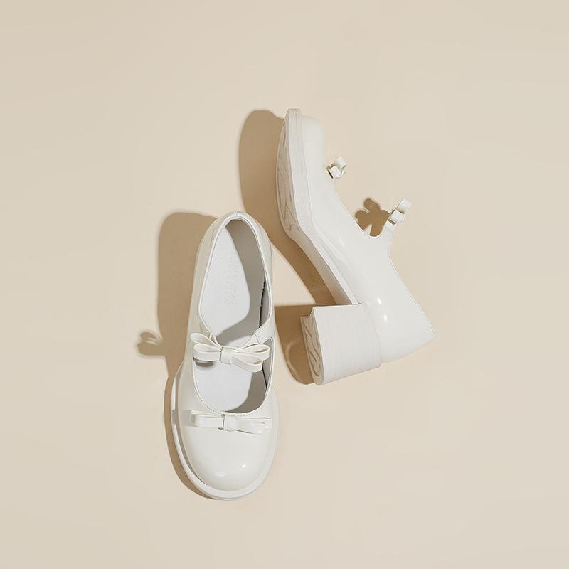 

Французские ретро туфли Мэри Джейн на высоком каблуке женские весенне-летние новые туфли с бантом и открытым верхом женские с круглым носком на толстом каблуке из маленькой кожи 40 грязно-белый