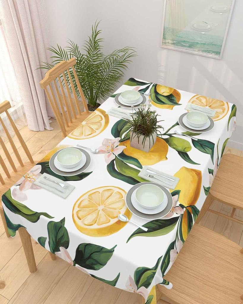Summer Lemon Flower Green Leaves Rectangle Tablecloth for Table Decor Reusable Kitchen Dining Tablecloth Holiday Party Decor