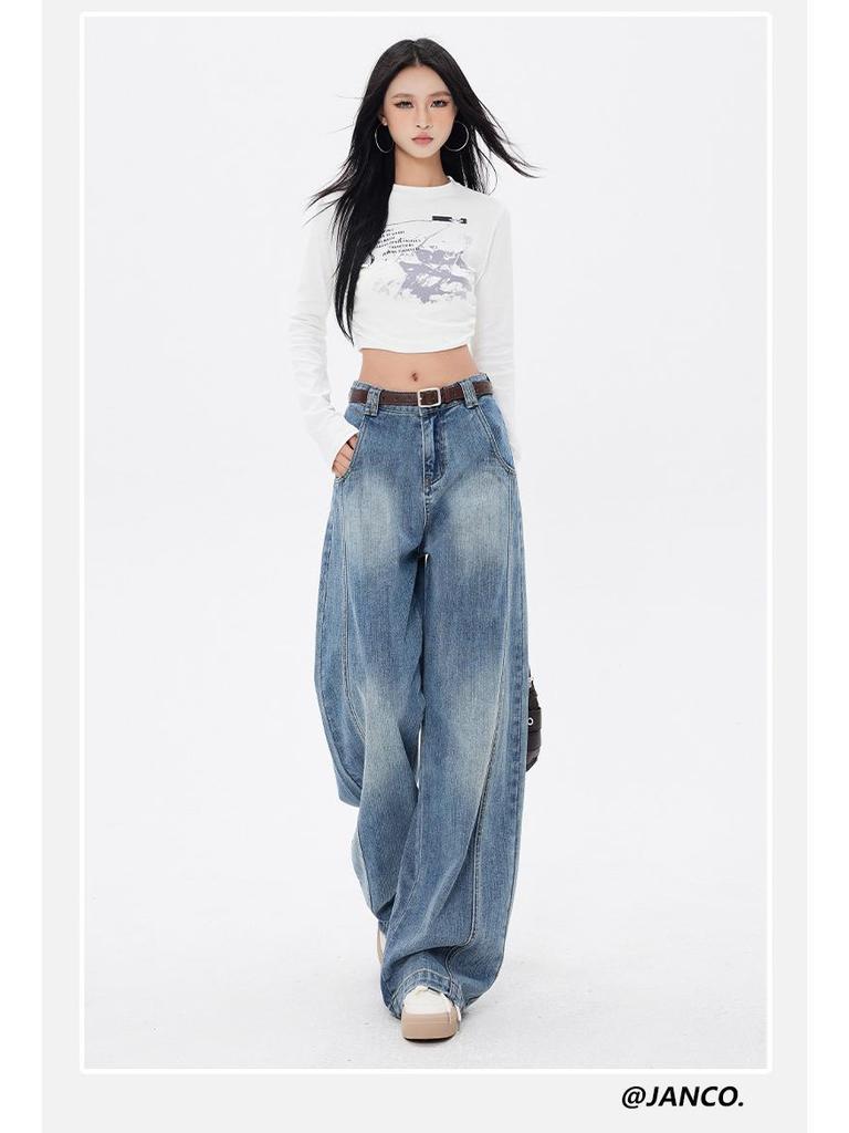 American Retro Silhouette Scimitar Jeans: Loose Wide-Leg Floor-Length Pants