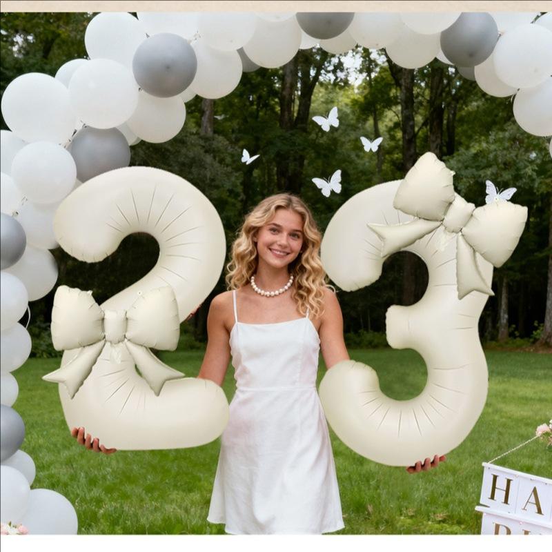 Pink Bows Number Foil Balloons 32Inch Cream Beige Number Digit Balloons with Pink Bows for Birthday Coquette Themed Party Decor