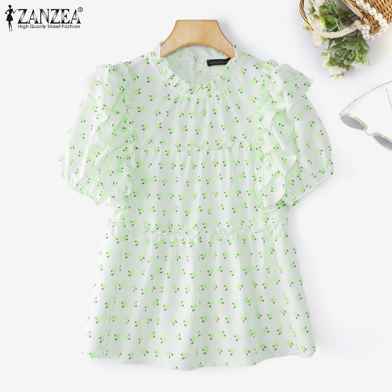 ZANZEA Women Casual Round Neck Short Sleeve Floral Print Summer Blouse