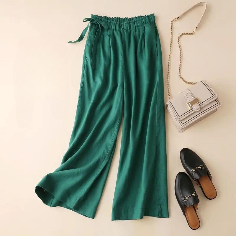 Women's Summer High Waist Wide Leg Pants Elastic Side Tie Casual Cropped Trousers