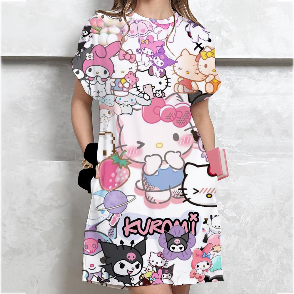 Vestido Camiseta Casual de Manga Corta para Mujer Estampado Vintage de Hello Kitty Vestido Mini Holgado Vestido Mini Elegante y Sencillo Ropa de Calle Vestido de Verano