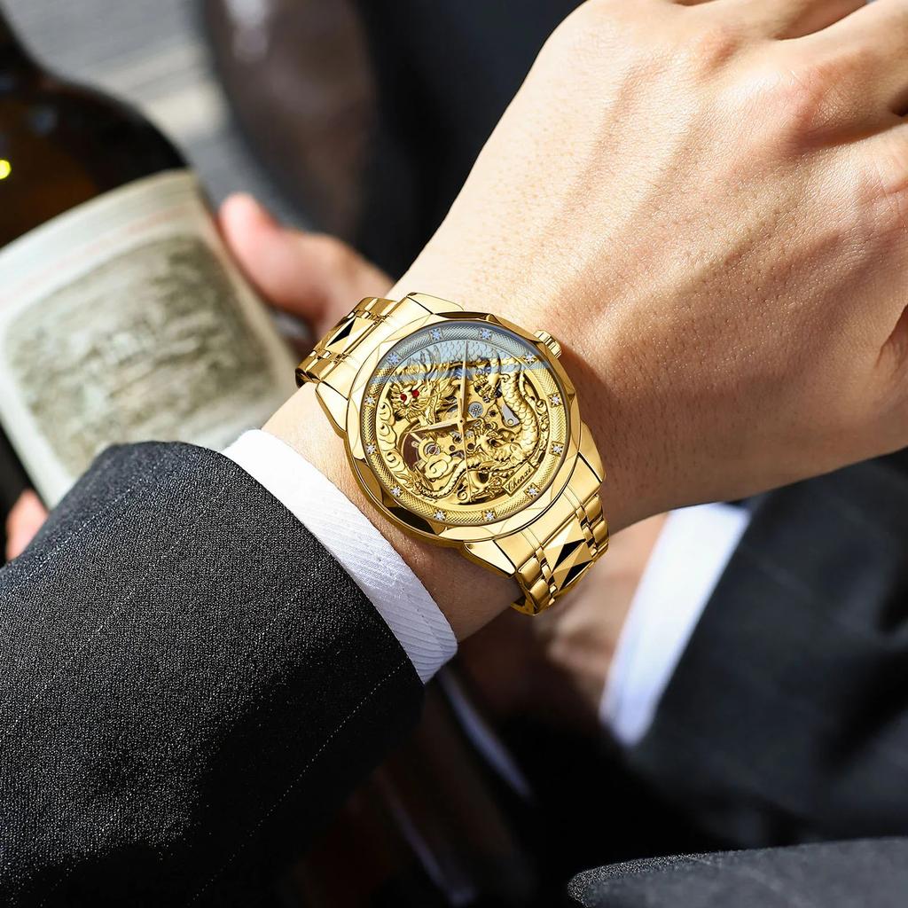 Gold 3D Dragon Dial Watches for Men Luxury Automatic Mechanical Watch Stainless Steel Strap Hollow-carved Wristwatches